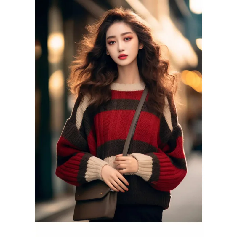 Boweylun New Red Crew Neck Sweater Women Soft and Skin-friendly Outerwear Loose Warm Knit Pullover Girls