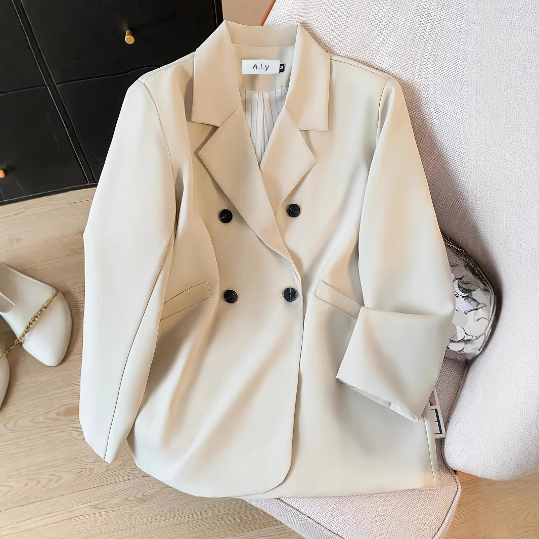 أزياء المرأة مع جيوب الصلبة مزدوجة الصدر السترة خمر طويلة الأكمام محززة الرقبة الإناث مكتب سيدة وتتسابق