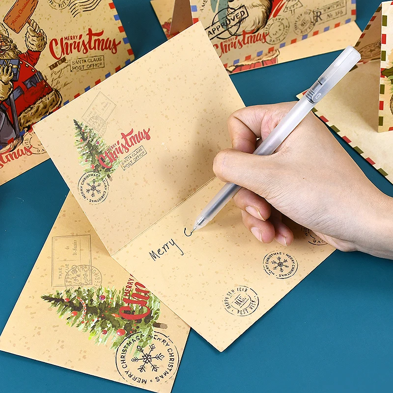 5pcs Vintage Christmas Greeting Card Cartoon Santa Claus Folding Card Blessing Message Card With Envelope New Year Navidad 2025