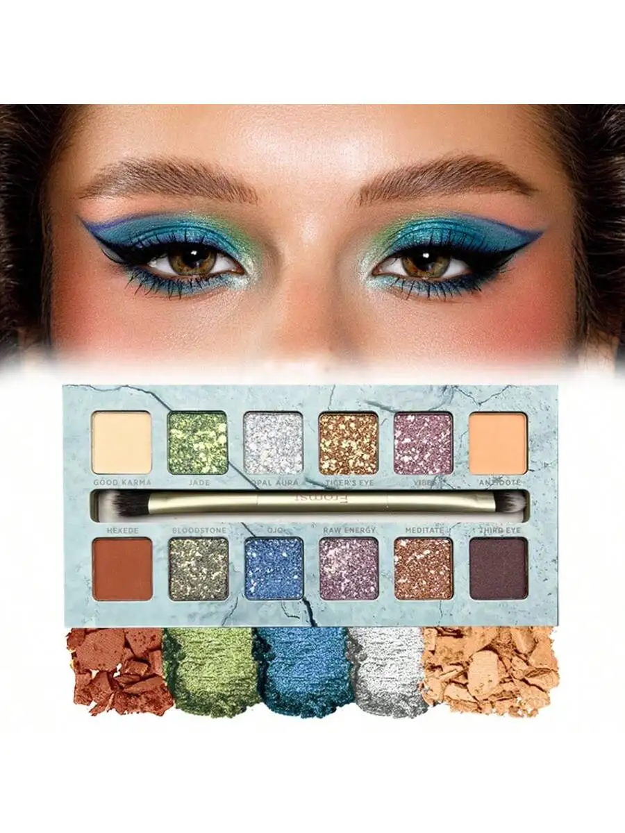 12-kleuren blauw oogschaduwpalet - mat/glans/glitter, waterdicht zweetbestendig, toneelmake-up/feest, wordt geleverd met een spiegelgeschenkdoos