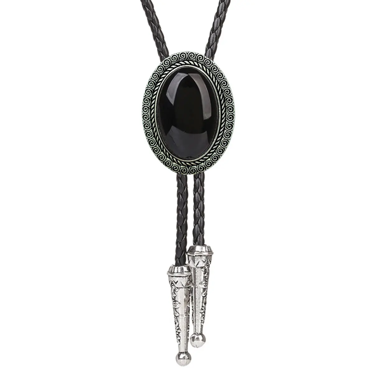 

Vintage Carved Swirl Border Oval Black Stone Bolo Tie Western Cowboy Braided Leather Rope Necklace Country Costume Accessory