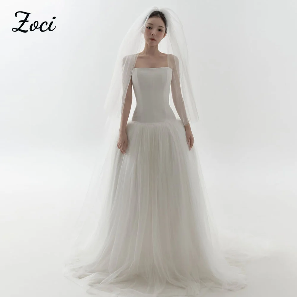 Zoci Princess Strapless Satin Tulle Korea Wedding Dresses Dropped A Line Bride Photos Shoot Dress Customized Long Wedding Gown