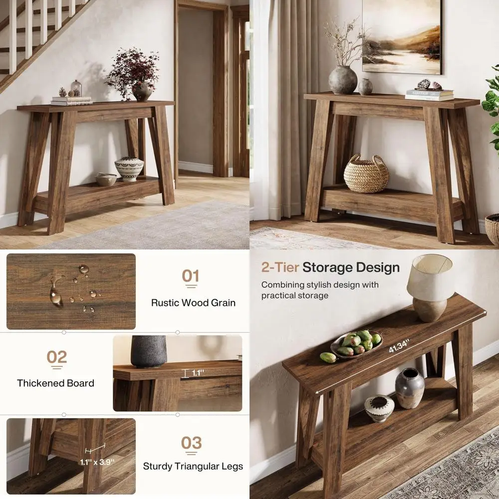 طاولة وحدة تحكم للمزرعة من طبقتين ريفية، 41.3 أثاث مدخل للتخزين لغرفة المعيشة والممر والبهو باللون البني #1