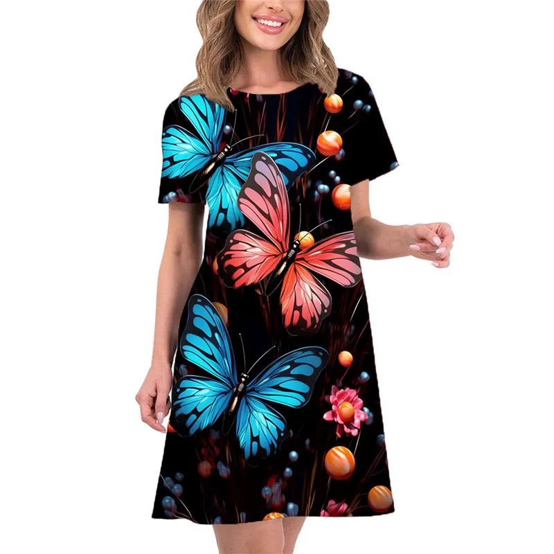 Summer Women'S Dresses 3d Butterfly Printed Short Sleeve Clothing Elegant Loose A-Line Dress Fashion Lady Large Size Mini Dress