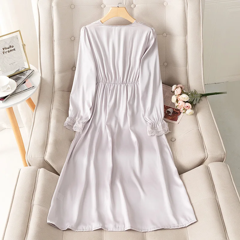 Sexy V-Neck Lace Nightgown Mid Long Nightdress Sleepwear Women Satin Silk Home Dressing Gown Causal Sleepshirt Homewear Lingerie