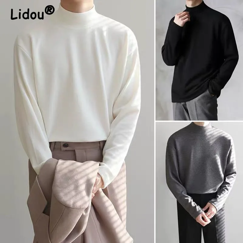 2023 Autumn and Winter Men\'s Long Sleeve T-shirt with Half High Neck Underlay Loose Inner Layer Comfortable Versatile Top