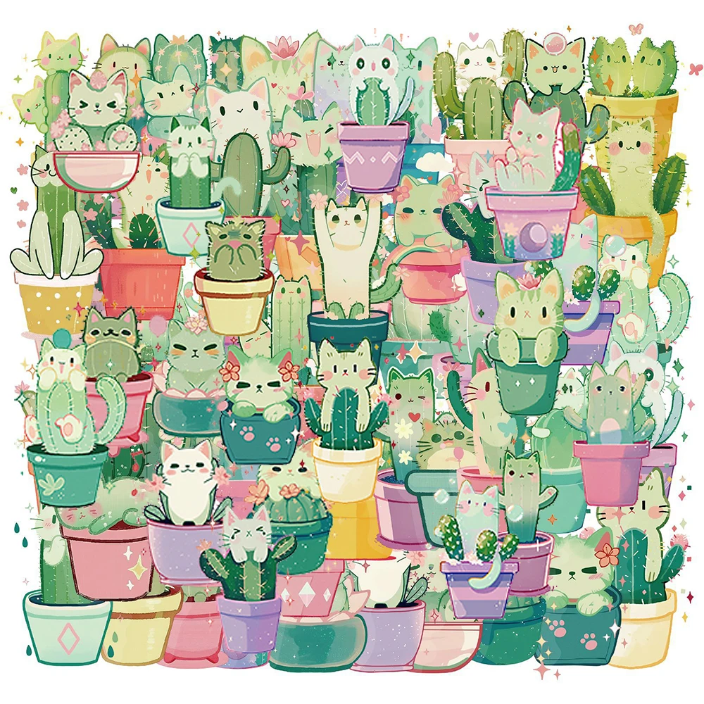 10/30/50 stücke Transparent Nette Kaktus Katze Aufkleber Kreative Cartoon Kätzchen Aufkleber DIY Sammelalbum Telefon Gepäck Aufkleber Dekoration