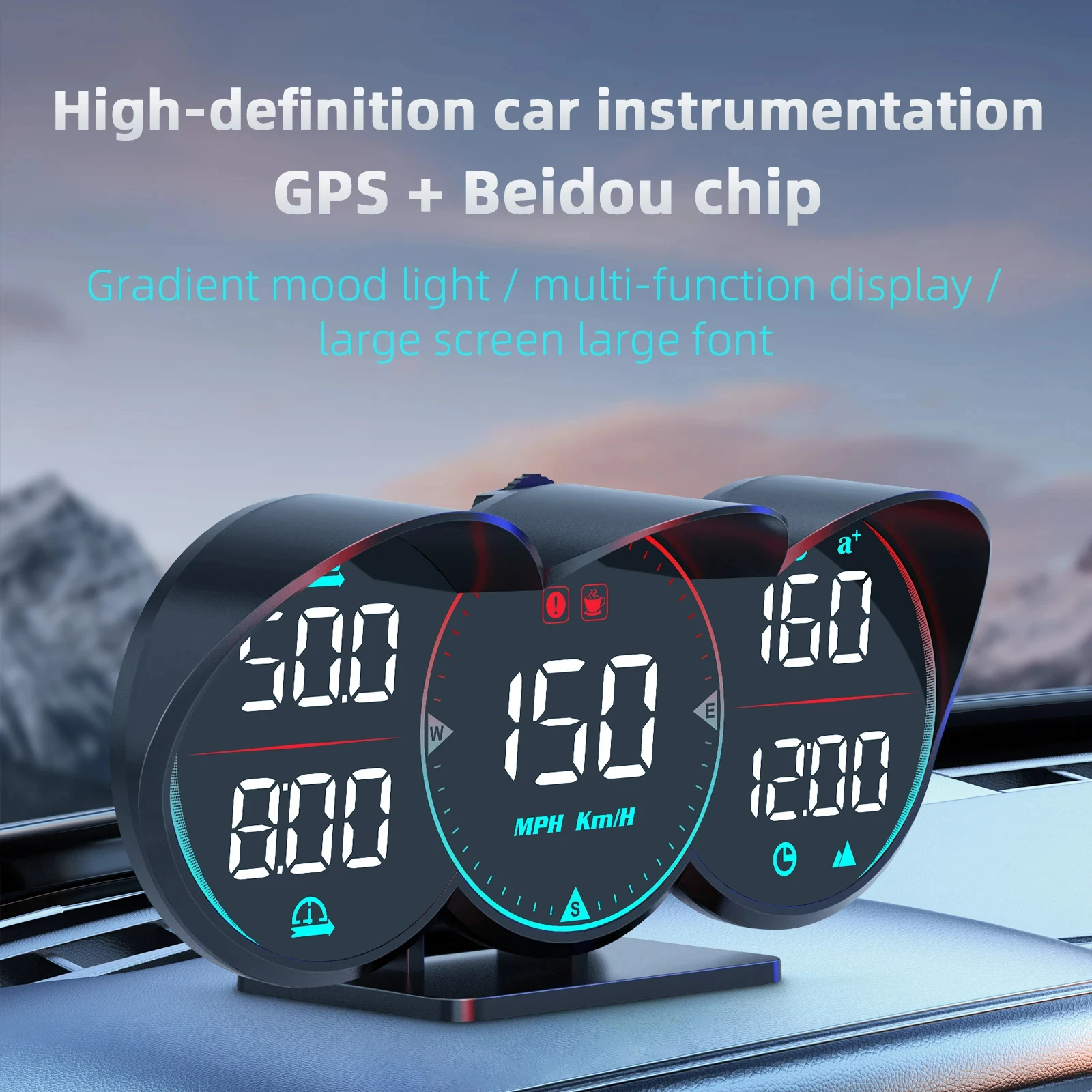 GPS-speedometer G17 HUD Head Up Display, Clock, Compass, Driving Time and Distance Altitude Above Sea Level, with speed alarm