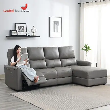 #Modern Living Room L-Shaped Gray Leather Power Recliner Sofa 3/4/5 Seater with USB Charge Extendable Wood Frame