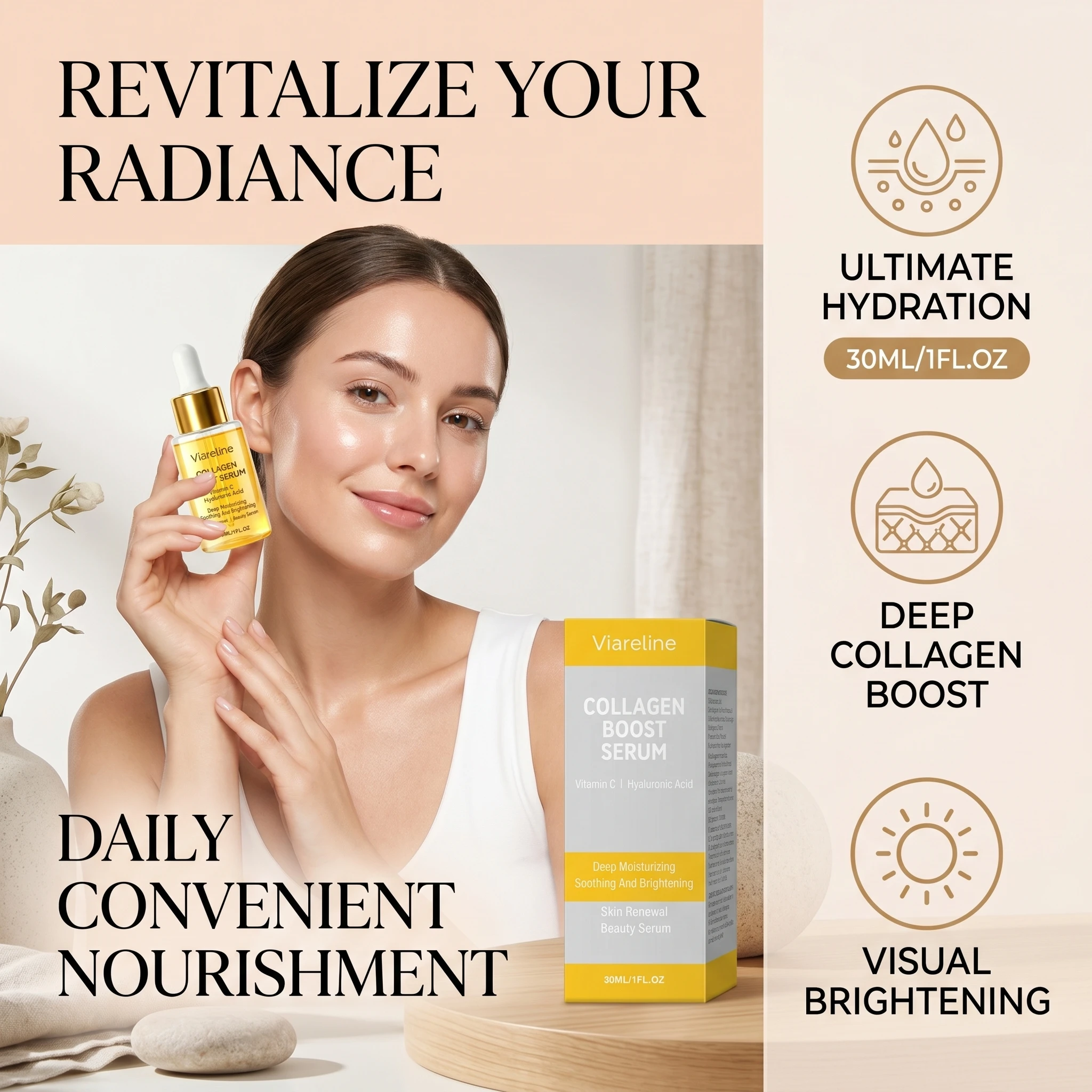 Sérum Viareline Collagen Boost para Remoção de Rugas, Clareamento da Pele Facial, Hidratação Profunda, Essência Revitalizante com Vitamina C e Colágen