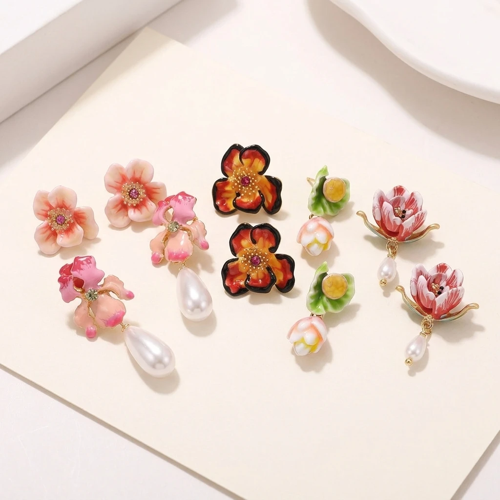 Vintage Emaille-Blumen-Ohrstecker für Damen, Kristall-Perlen-Quasten-Lotus-Lilien-Gänseblümchen-Rosen-Tropfen-Ohrringe, Geschenk