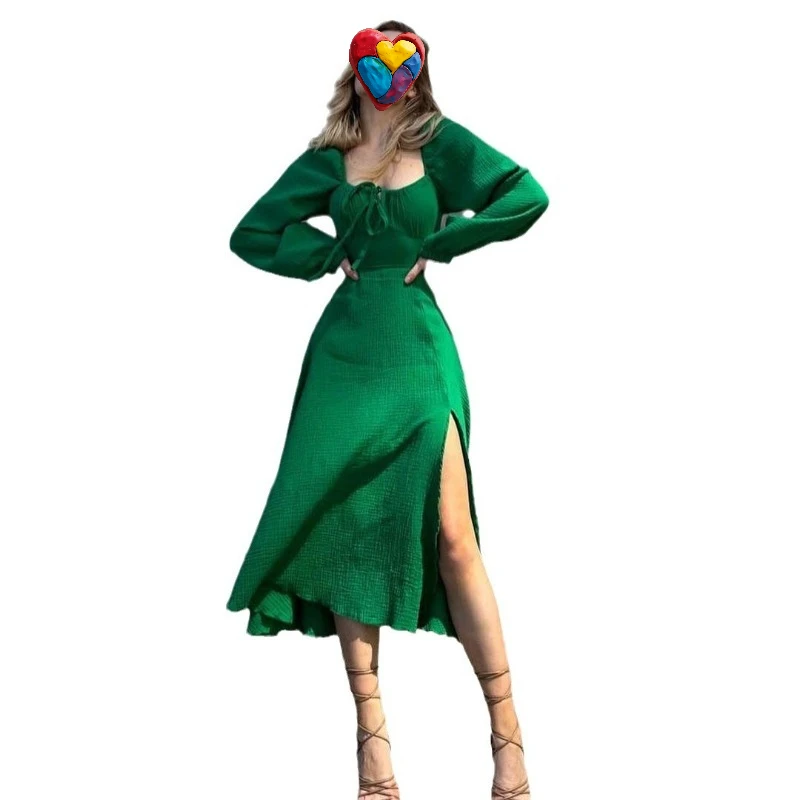 

Женское хлопковое мятое платье среднего и длинного размера, французское платье с длинными рукавами и квадратным вырезом, новое европейское сексуальное платье с разрезом