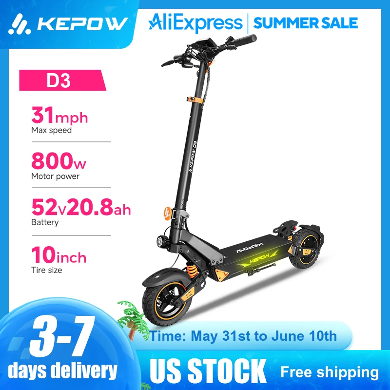 

Kepow Peak1200W 46Miles 20.8AH 52V Foldable E-Scooter for Adults Max Speed 31MPH 10"Off-Road Tires US Stock Factory Direct