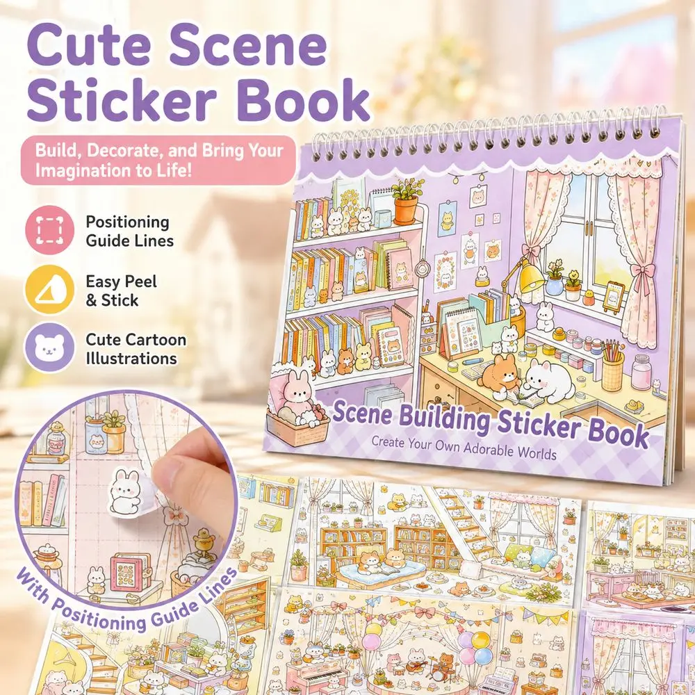 Self Adhesive Scene Building Sticker Book Printed Scenes Colorful Illustrations Decorative Sticker Book Cute Cartoon Style