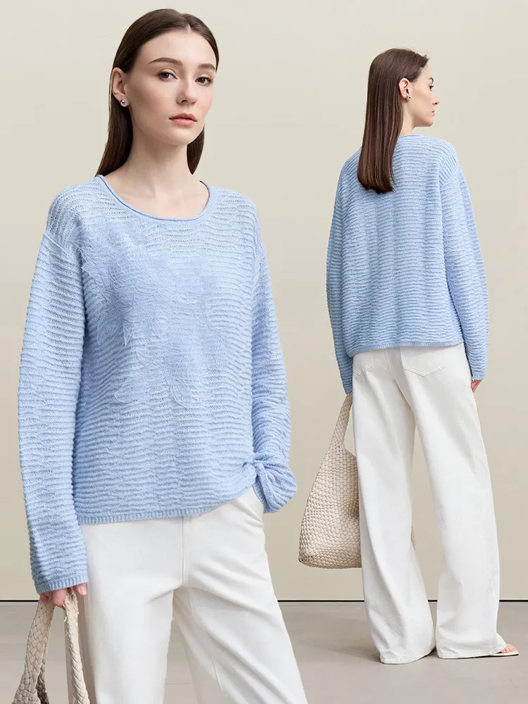 Amii ニットプルオーバー 2026 春新作 クルーネック ドロップショルダー袖 セーター レディース レースパッチワーク 無地トップス 12621093