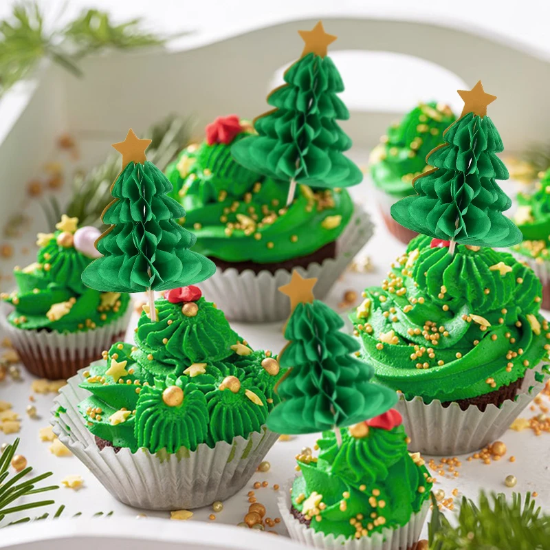10Pcs Christmas Tree Cupcake Topper Honeycomb Paper Straw 2024 Christmas Party Cake Decoration 2025 New Year Food Fruit Picks