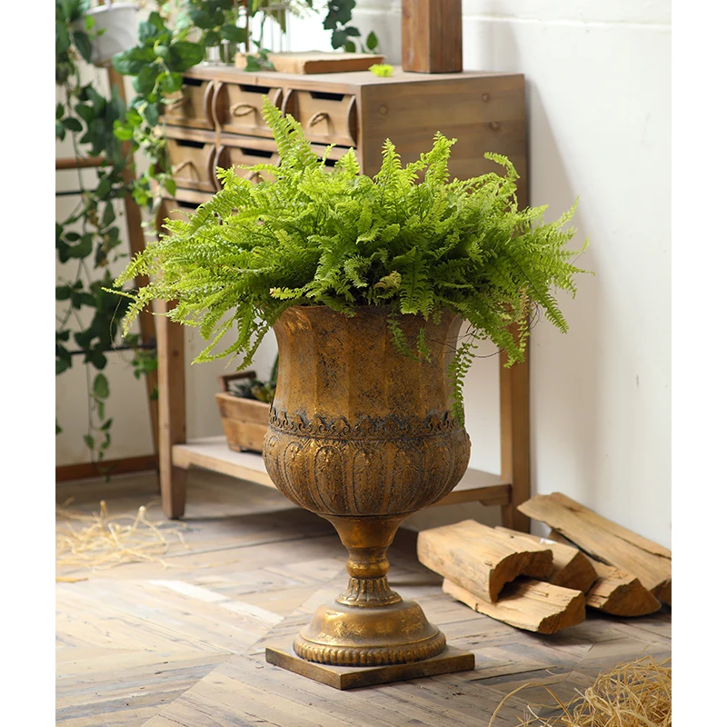 Vintage Iron Trophy Urn Planter, Antique Gold Pedestal Vase, European Estate Garden Decor, Large Statement Planter