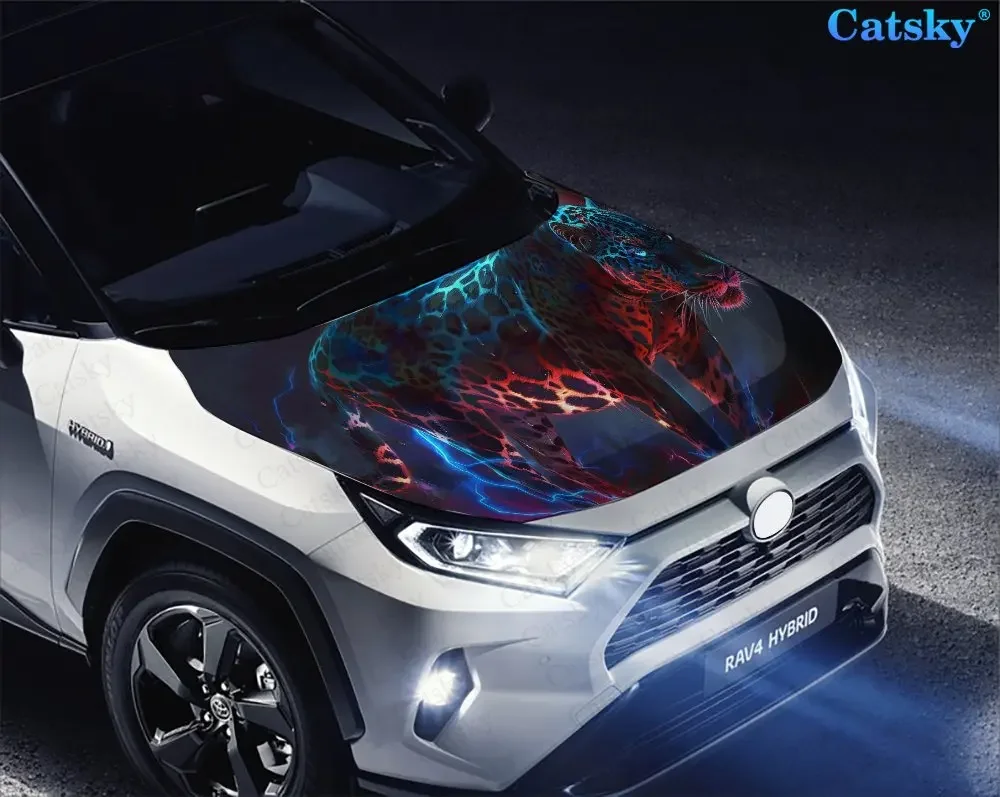 الأزرق العينين الحيوان جاكوار طباعة غطاء السيارة التفاف اللون ملصق فينيل شاحنة الرسم بونيه DIY اكسسوارات السيارات الديكور ملصق مائي هدية #4