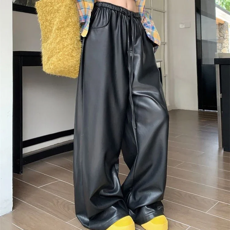 black PU leather casual pants women's autumn and winter high waist slimming straight leg  loose wide leg floor pants