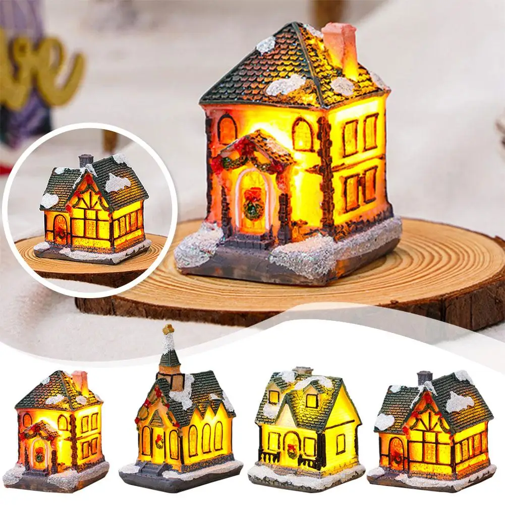 1PC Christmas Led Light House Christmas Tree Ornaments LED Resin Small Village House Xmas Glow Decor Gift Happy New Year Decors