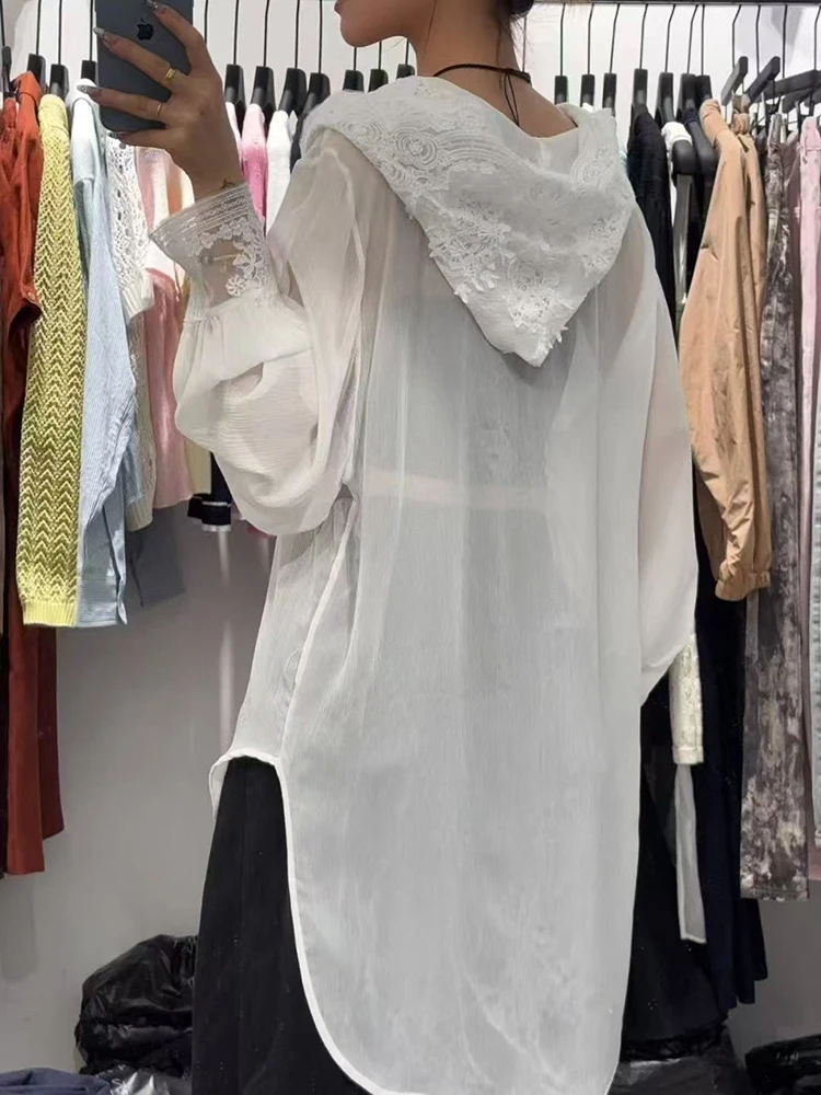 Women's lace splicing silk blouse, water-soluble flower embroidery blouse, sunscreen hooded shirt, 100% Mulberry Silk, 2025, New