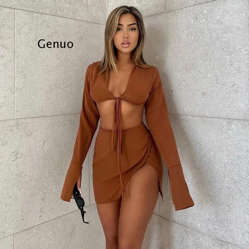 

Summer New Women Set Solid V Neck Long Sleeve Lce Up Short Top And High Waist Mini Skirt Sexy Street Two Pieces Set