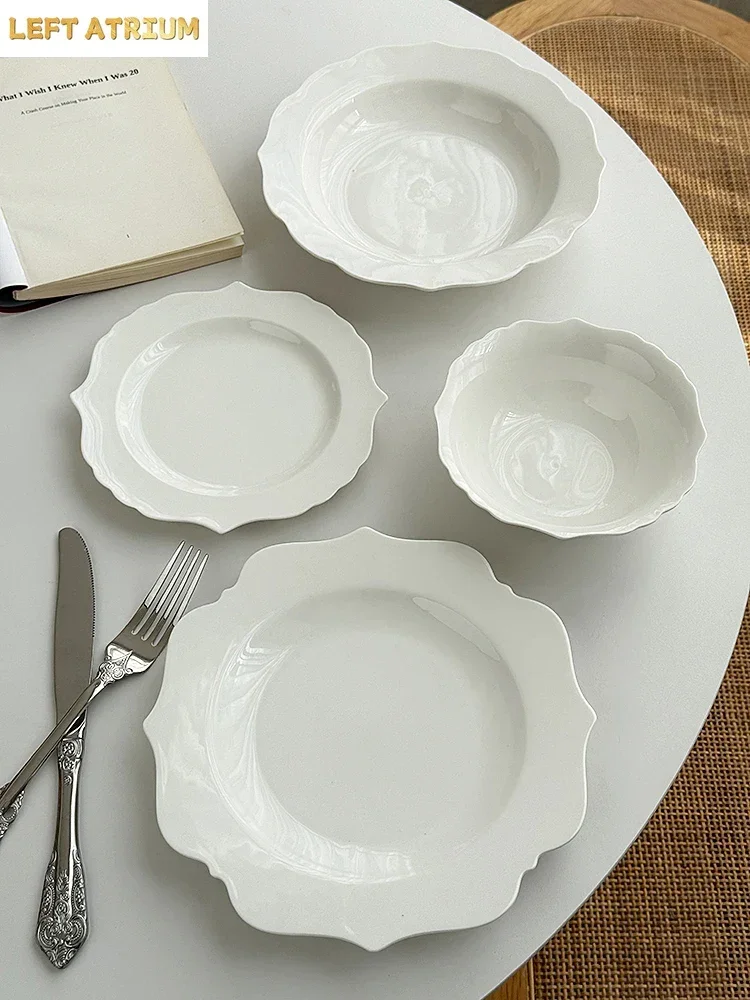 Anmuli Ceramic Soup Bowl Rose Series Simple Elegant round Dish Multi-Function White Porcelain French Style Dining Utensils