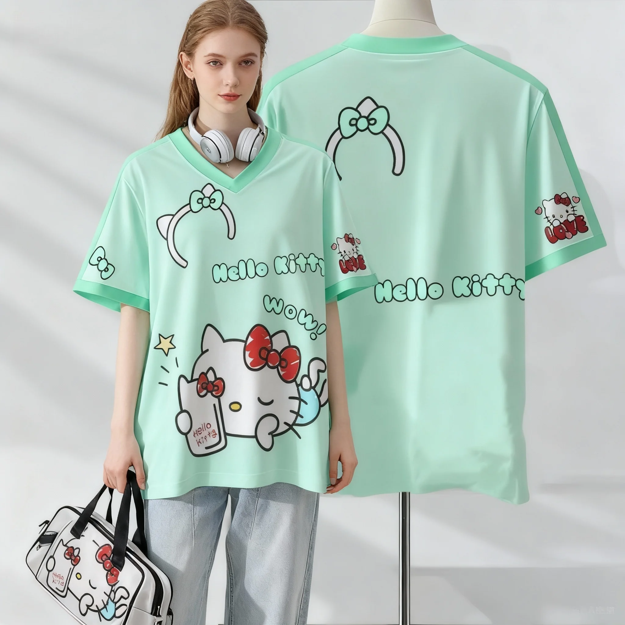 سانريو فاميلي هالو كيتي قميص كاجوال حلو ورائع للشارع الأمريكي تي شيرت صيفي كبير الحجم للسيدات البالغات طراز جديد #2