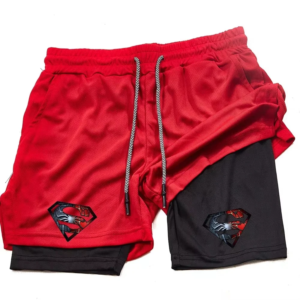 Pantalones Cortos Deportivos 2 en 1 con Estampado de Superhéroes para Hombre, con Bolsillo para Teléfono y Presilla para Toalla, Ideales para Gimnasio y Entrenamiento