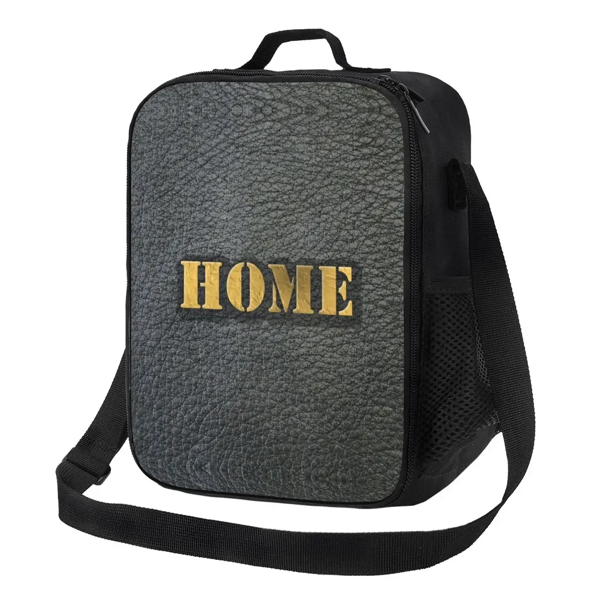 

Home Black Leather Gold Letters Insulated Lunch Bag for Work School Vintage Textures Portable Cooler Thermal Lunch Box Kids