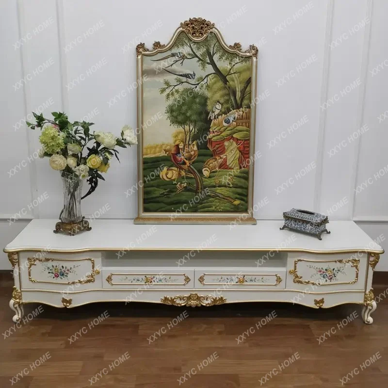 Simple TV cabinet American solid wood painted living room white champagne high-end French carved floor cabinet