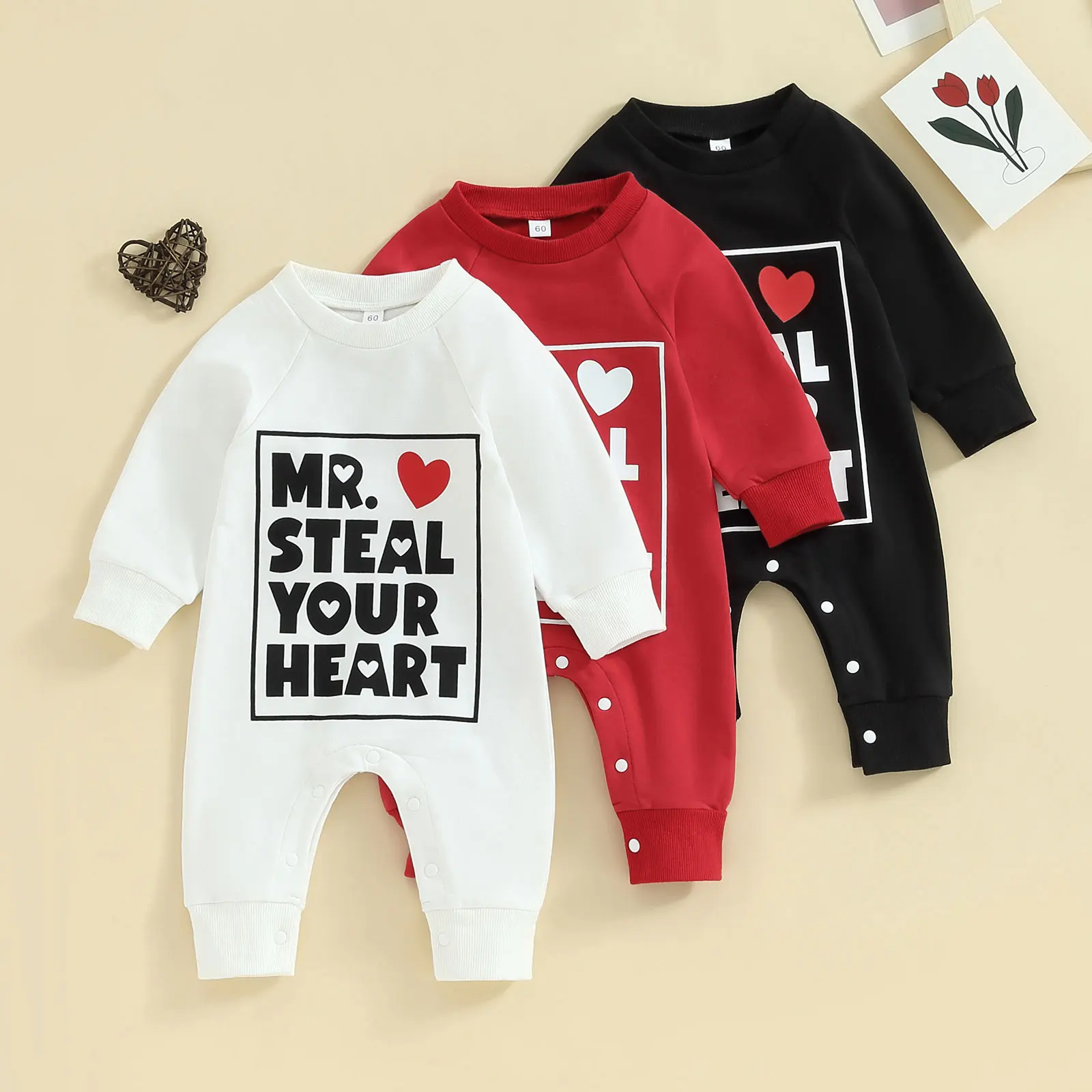 

0-18M Newborn Baby Girls Boys Jumpsuit Valentine's Day Clothes Heart Letter Print Crew Neck Long Sleeve Infant Spring Romper