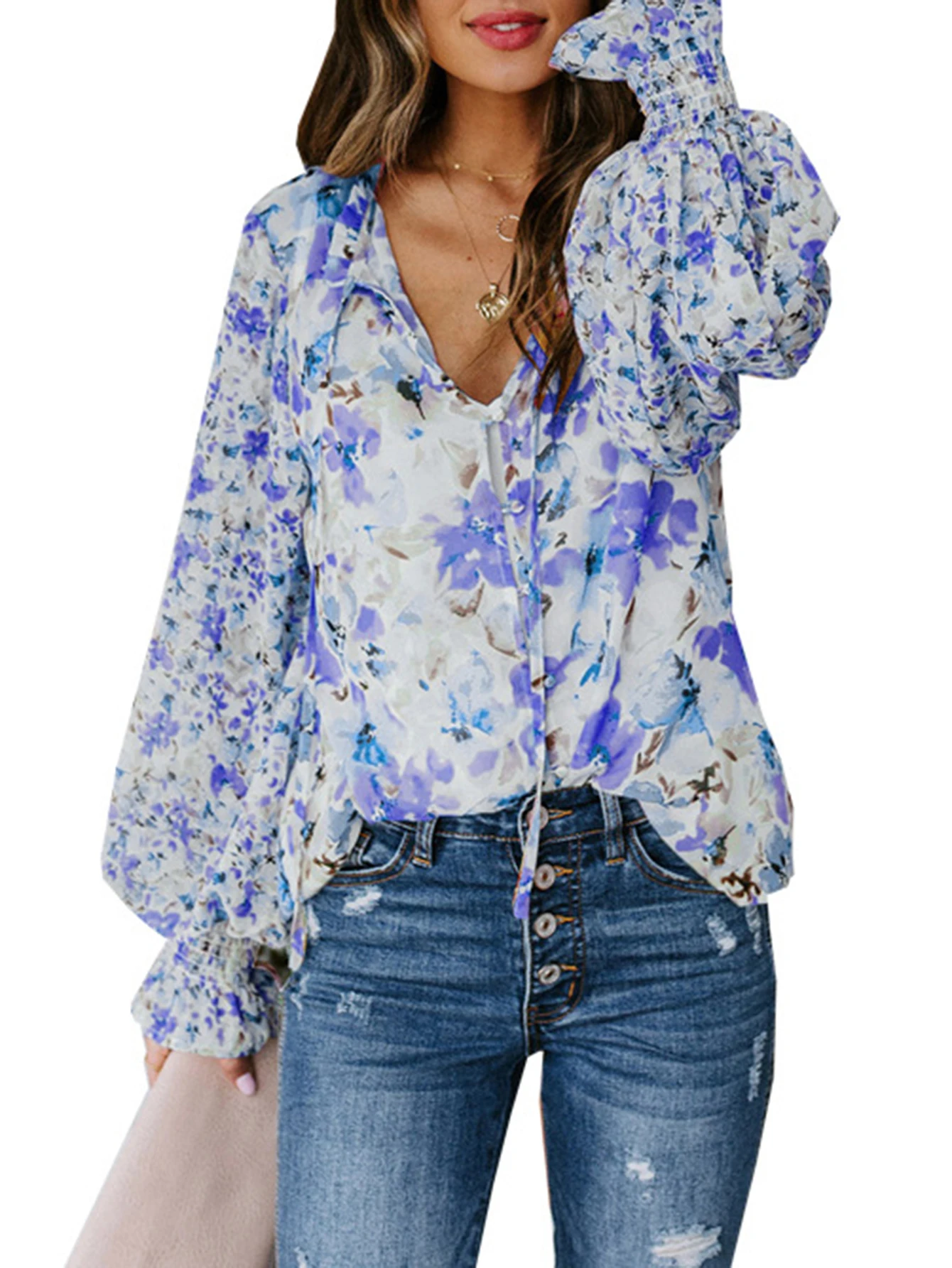 

Осенняя блузка с цветочным принтом для женщин, с длинным рукавом и v-образным вырезом, элегантный приличный топ стандартной посадки для деловой повседневной одежды
