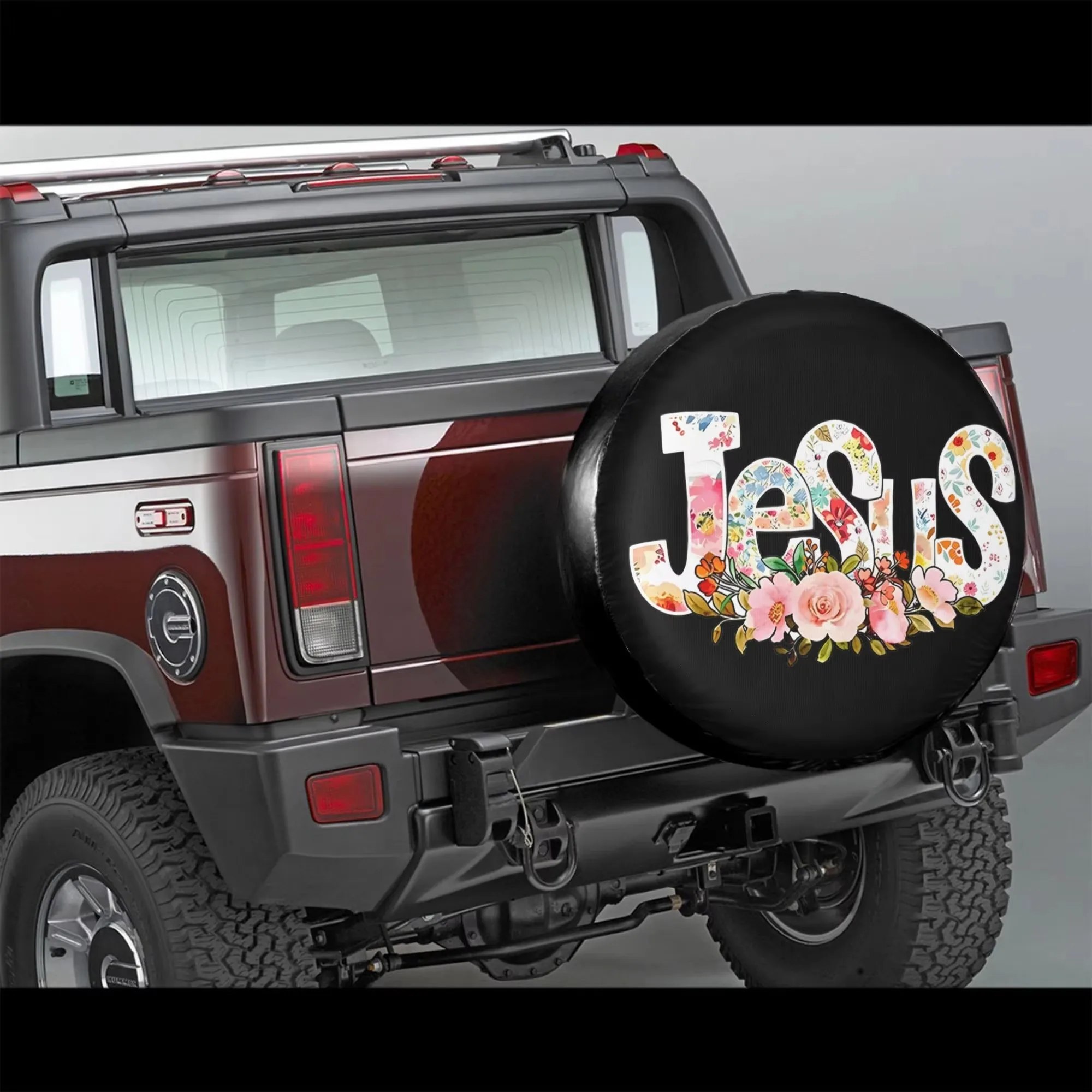 Floral Jesus Lettering Car Spare Tire Cover for 14-17 Inch Tires, SUV Truck Trailer Spare Tire Protection