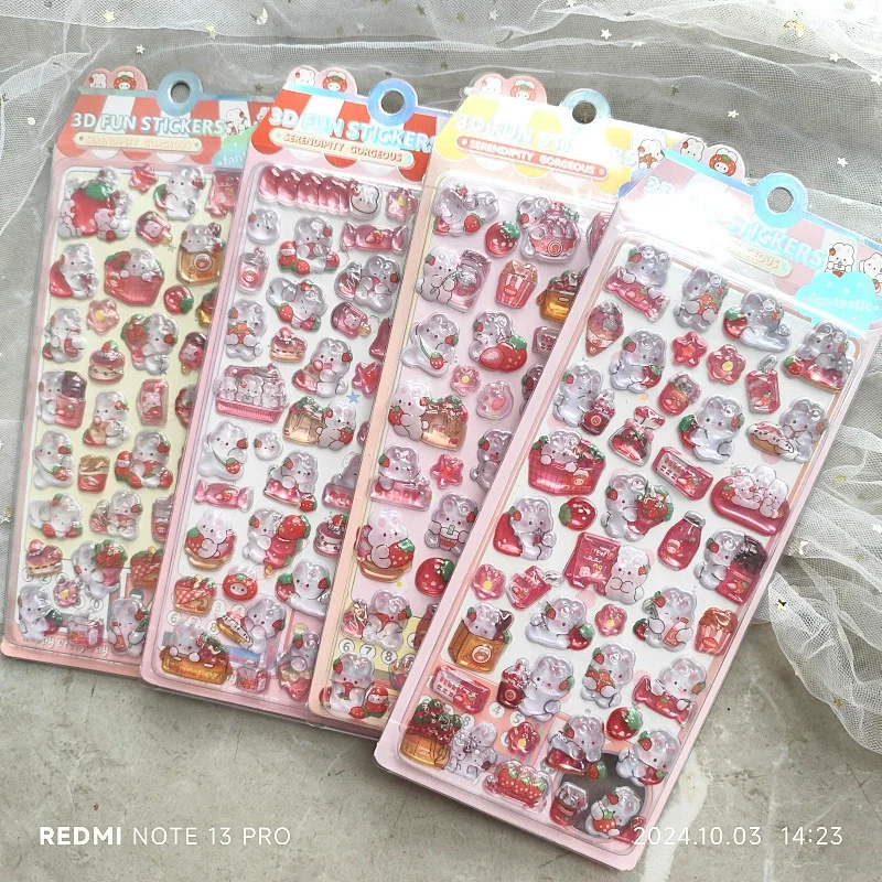 

1Pc Cute Cartoon Strawberry Rabbit 3D Relief Stickers Kawaii Fun Kids Sticker Stationery Scrapbook Journal DIY Bunny Decoration