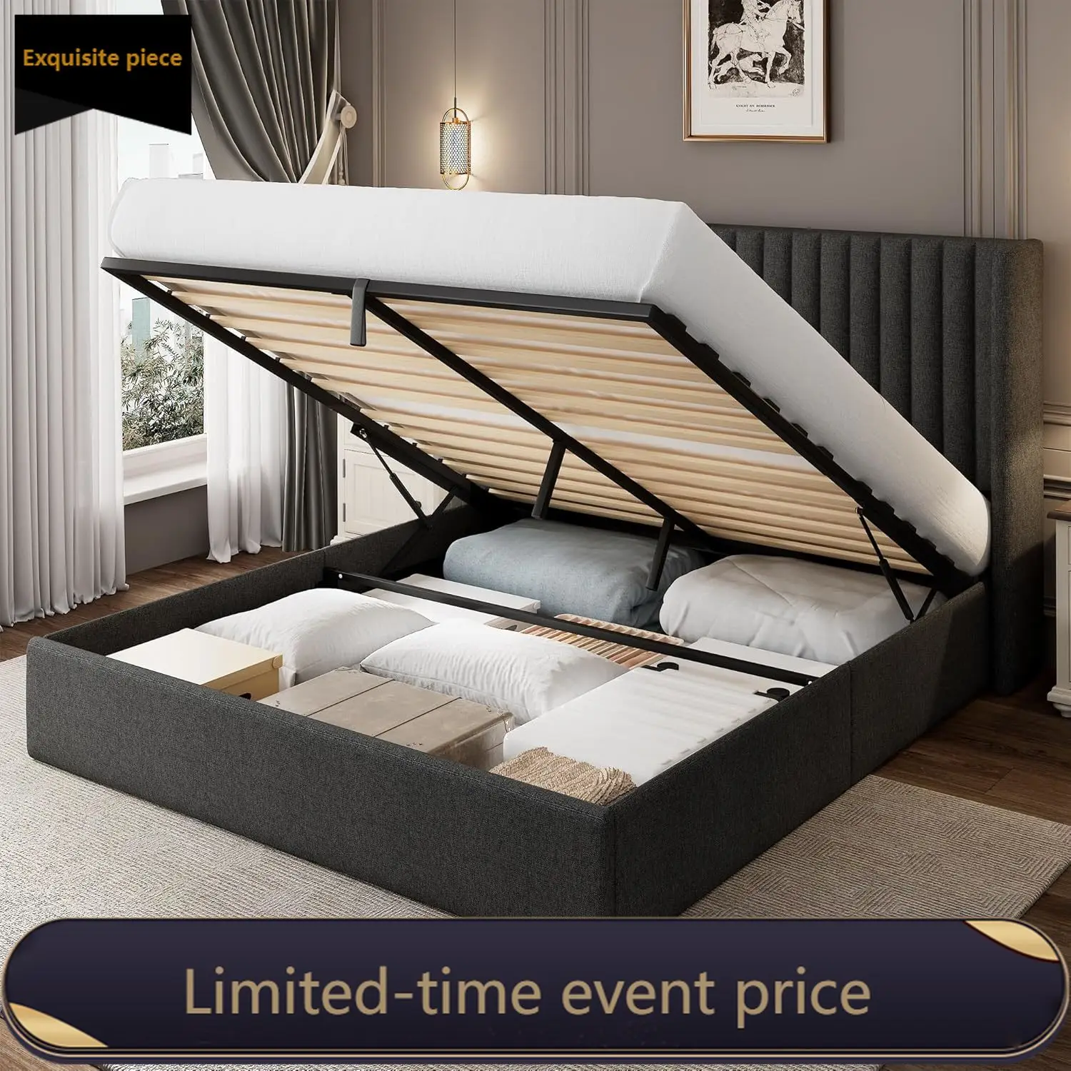 Queen Size Lift Up Storage Bed Frame Wingback Headboard Linen Upholstered Platform Bed Underneath Hydraulic Storage Wooden Slats