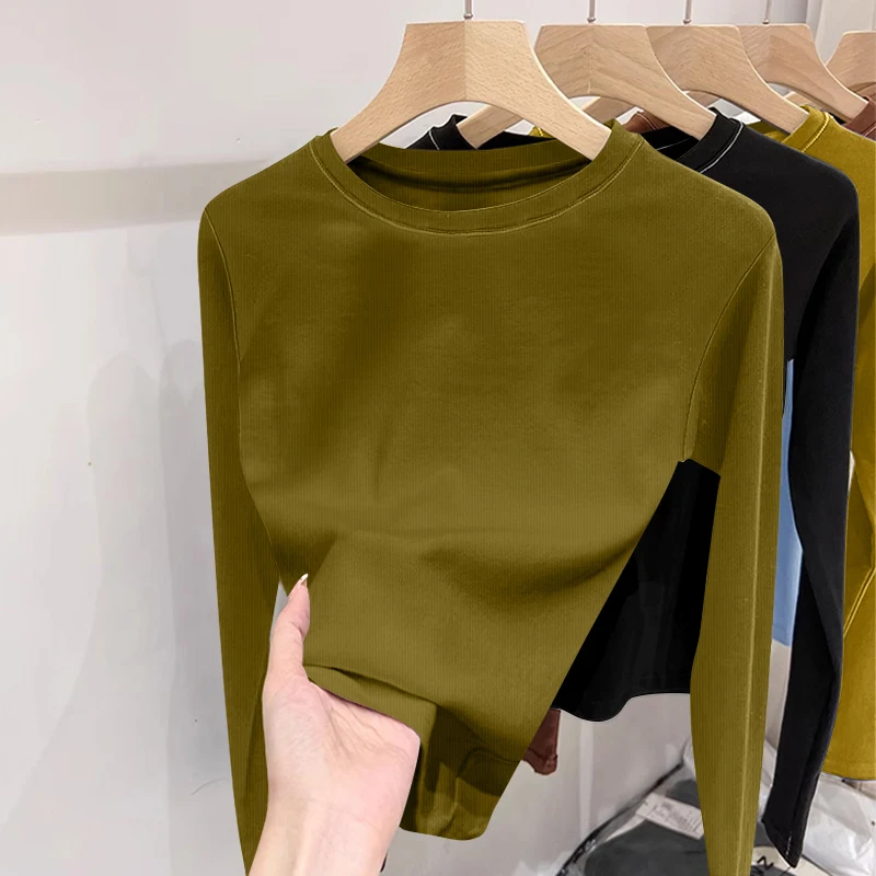 

Early Autumn Base irt Women's Long Sve T-irt Casual Teaded Top Faionable Versatile Commute Sle Pure Color