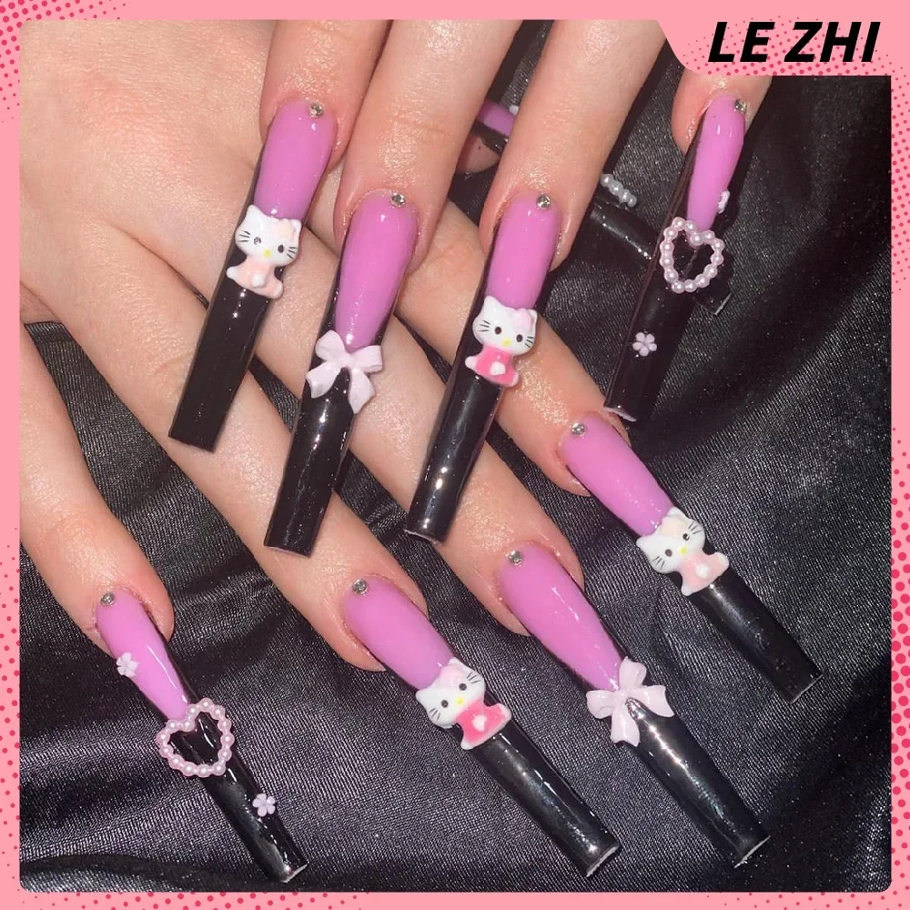High-End Customizable Xxl Long Square Coffin Fake Nail Art Hello Kitty Mymelody Y2K Spice Girl Diamond Handmade Party Sticker