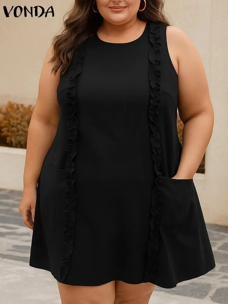

VONDA Plus Size Dresses 2025 Summer Women Pockets Sleeveless Mini Vestidos Casual Fashion Sundress Solid Ruffled Robe Oversized