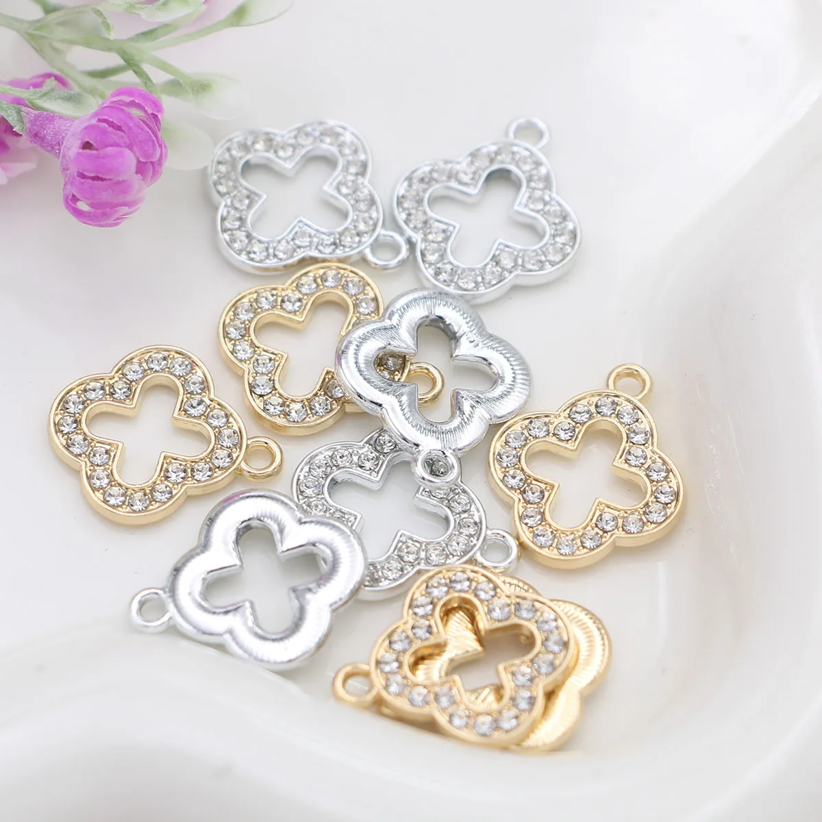 10Pcs Silver Plated Crystal Clover Charm Pendant for Jewelry Making Earrings Bracelet Necklace Accessories DIY