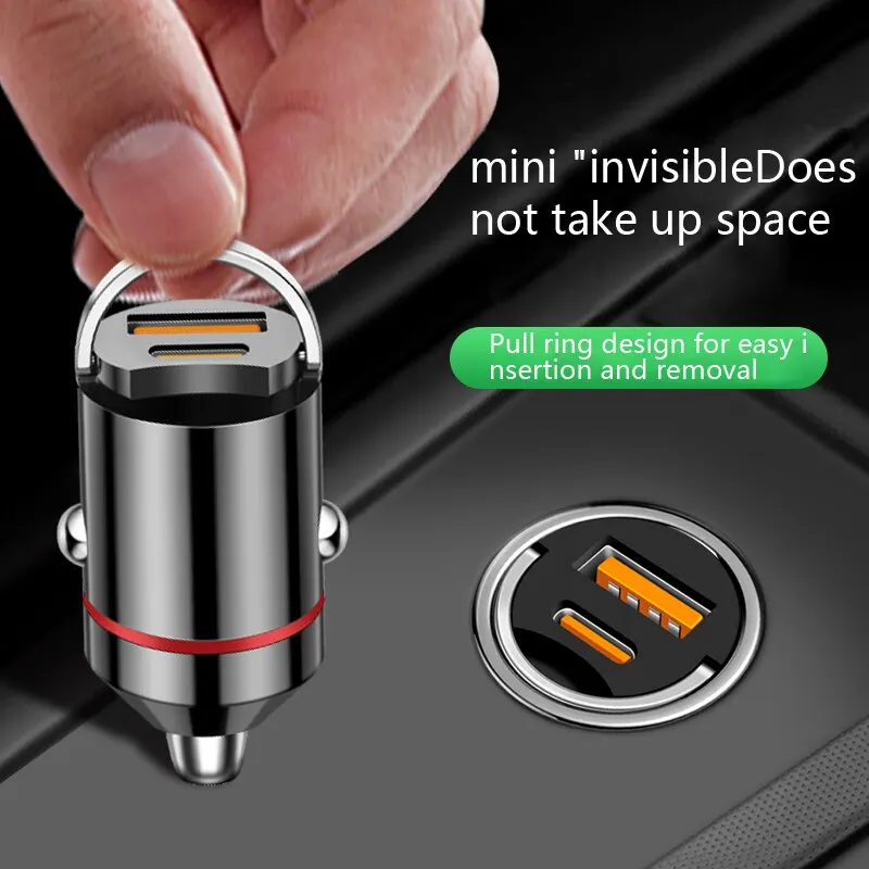 New Car Pull Ring Car Charger PD+usb Fast Charge Mini Hidden 66W Flash Charge Multi-function Car Charger Car