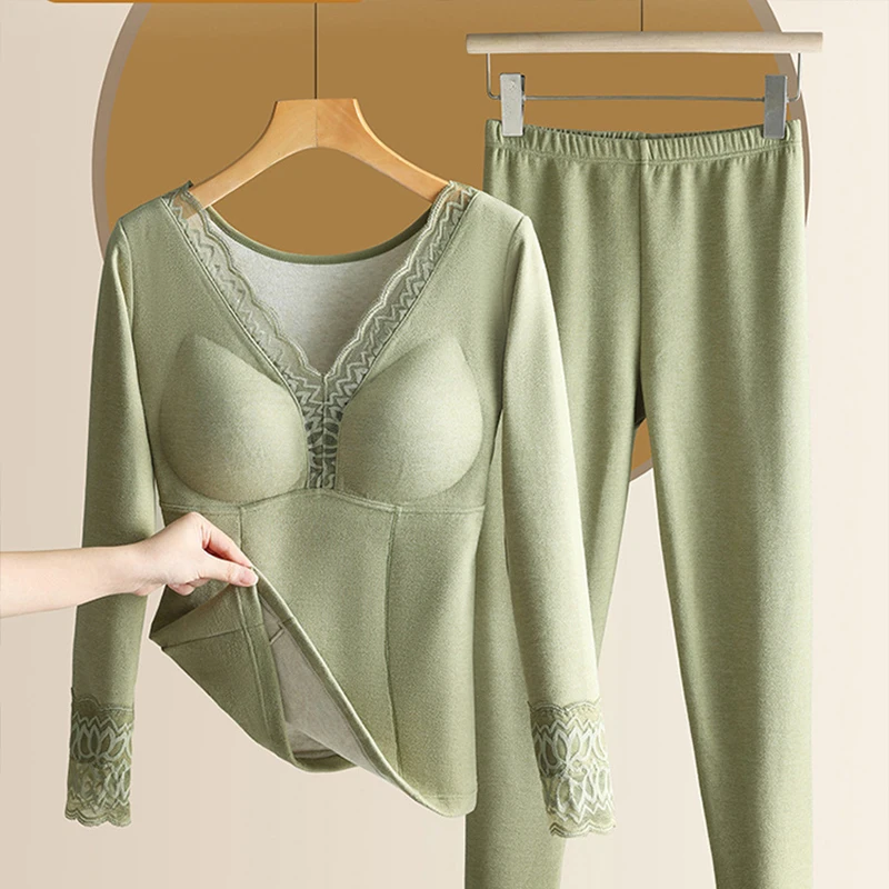 

Женский комплект термобелья из кашемира и шелка с V-образным вырезом, длинными рукавами и встроенными чашками для груди, для осени и зимы, теплый