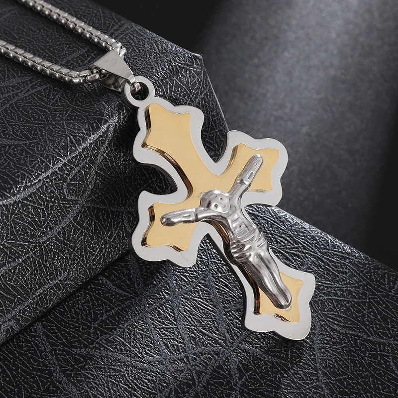 Classic Glossy Multilayer Good Friday Cross Pendant Stainless Steel Necklace Men Women Christian Prayer Religious Jewelry Gifts