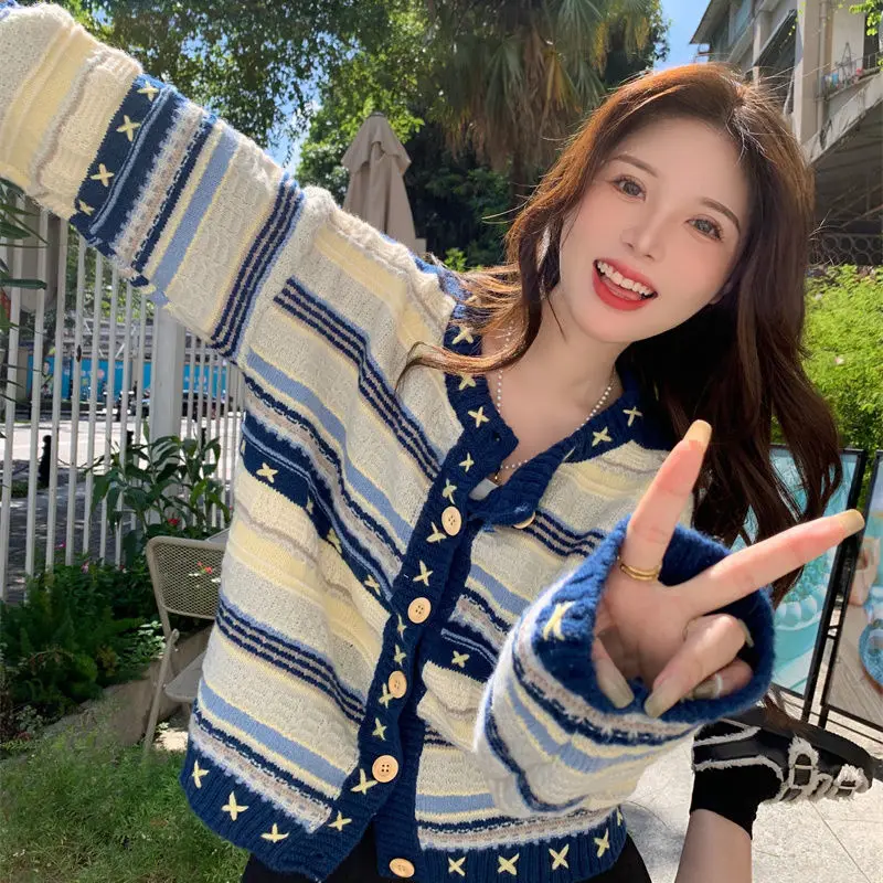 2024 New Spring and Autumn Woman Clothes Bohemia Loose Lively Youth Retro Striped Cardigan Leisure Trend Niche Bright Colors Ins