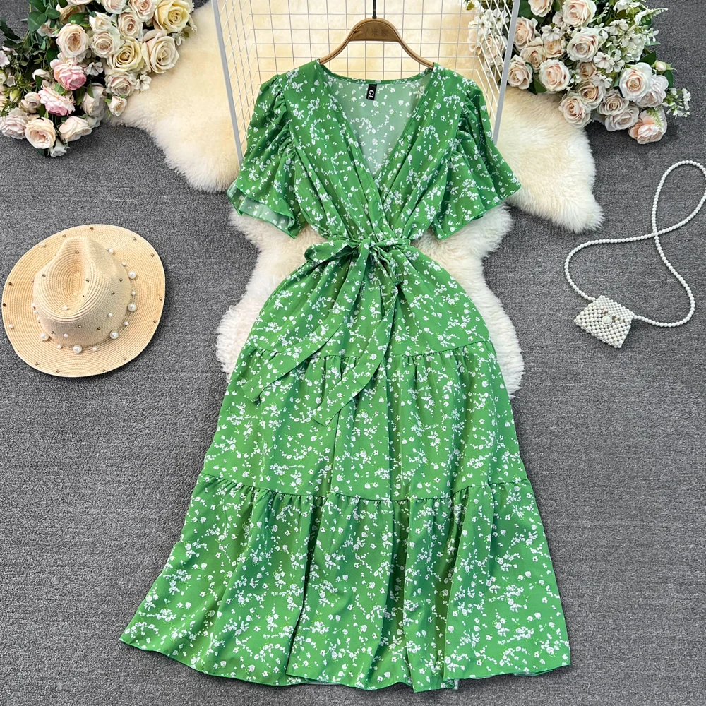 Vintage Print Elegant Short Sleeve Lace Up Dress V Neck Beach Vacation Party Dress Women Fashion Summer Spring Vestidos