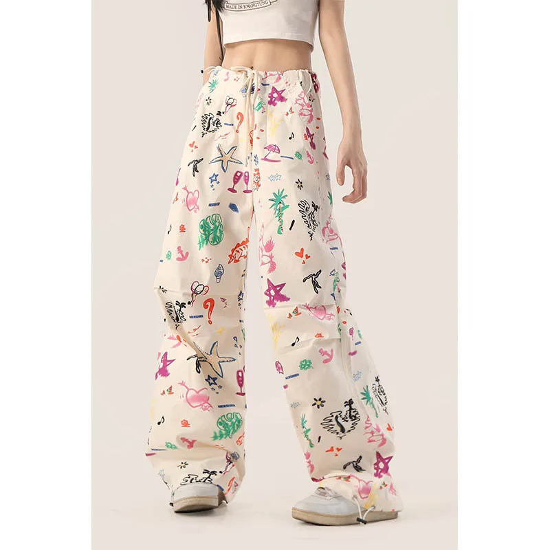 White Printed Work Pants For Women, Winter Thick Design, Niche Girls, Dopamine Loose Casual Wide Leg Pants