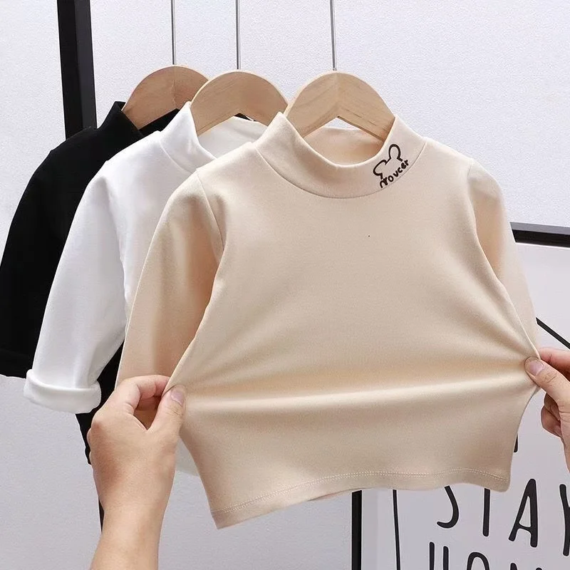 

2025Autumn Winter Children Kids Boys Girls T-shirts Tops Turtleneck Solid Long Sleeve Warm Fleece Bottoming Shirts Tees for Kids