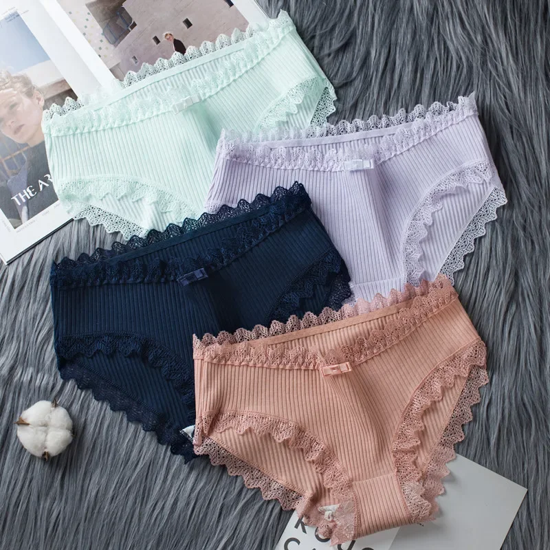 3PCS/Set Cotton Briefs Mid-Rise Underwear Sexy Ladies Lace Bowtie Panties Breathable Intimate Women Antibacterial Crotch Lingere