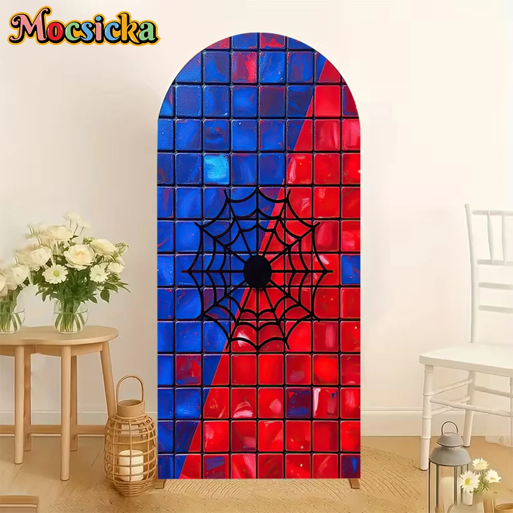 Mocsicka Arched Color Block Red Blue Square Spider Web Photo Backgrounds Kids Birthday Party Newborn Cake Smash Backdrops Decors