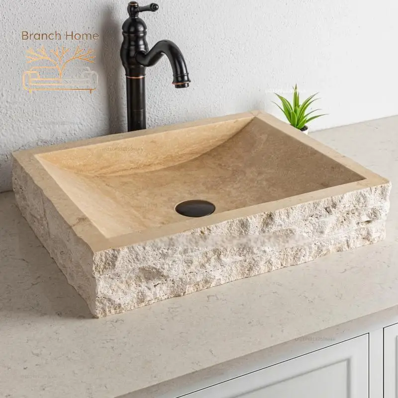 Lavabo in Travertino Dorato Naturale su Misura, Forma Irregolare, Lavabo Artistico per Hotel, Villa, Cortile, Lussuoso